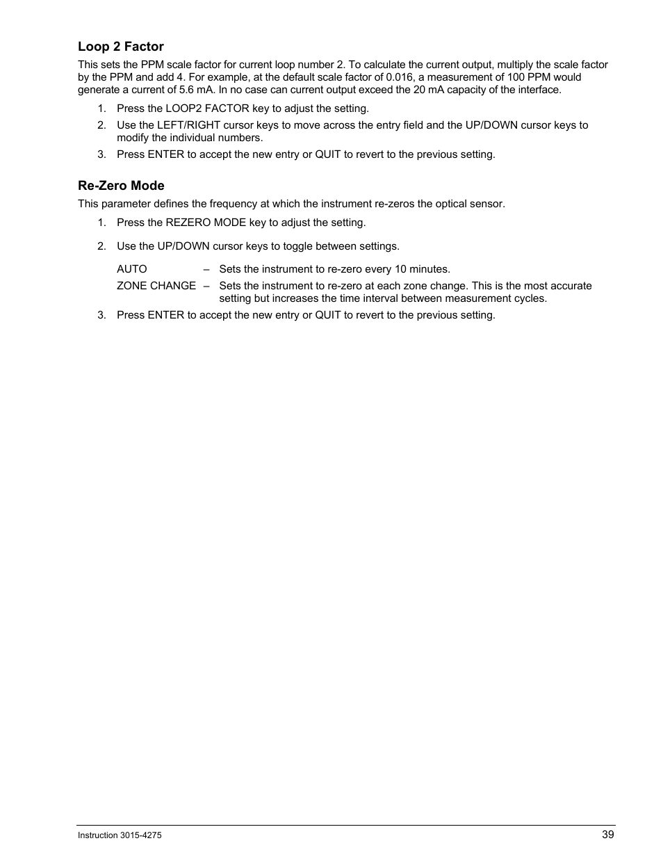 Loop 2 factor, Re-zero mode | Bacharach AGM300 User Manual | Page 47 / 94