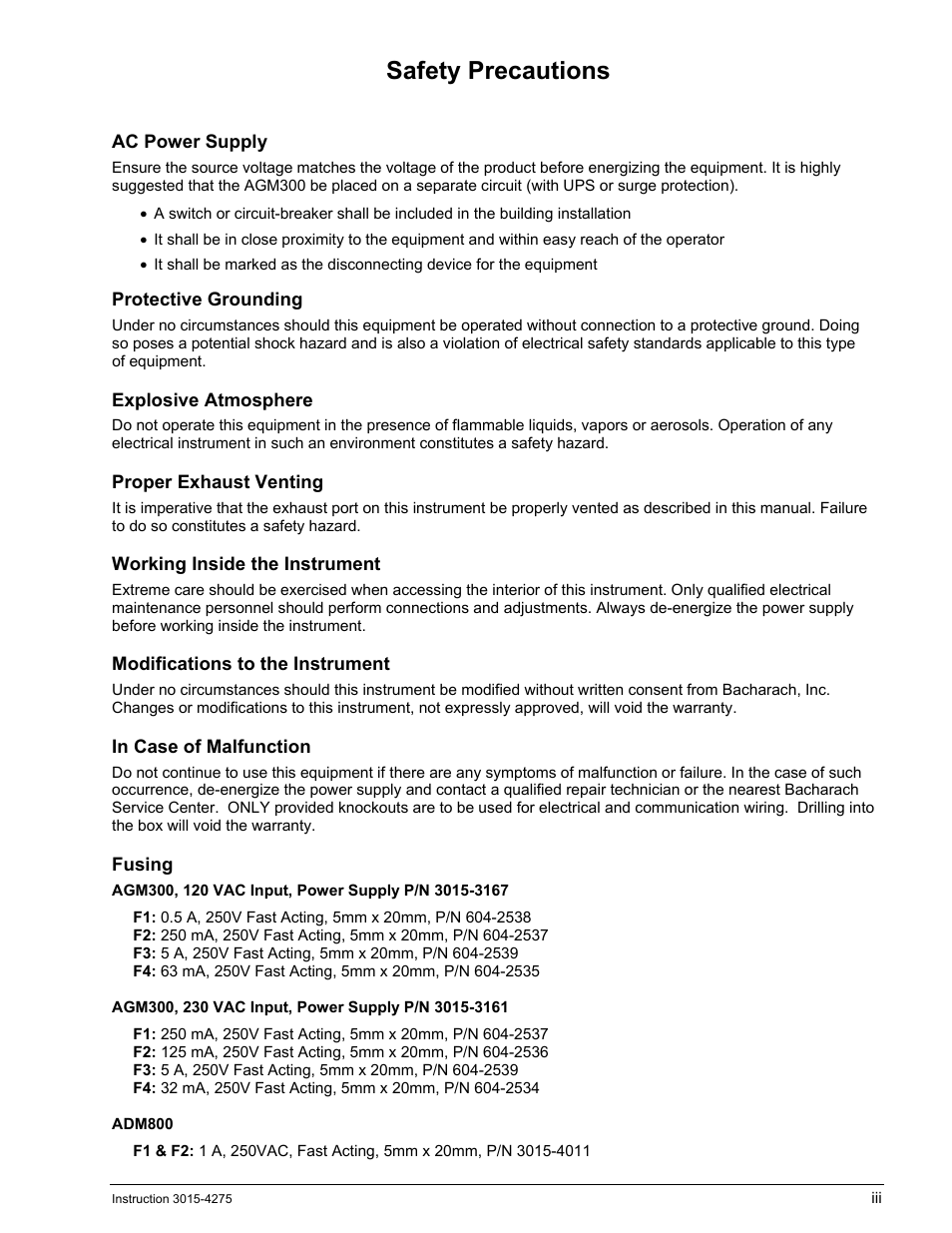 Safety precautions, Ac power supply, Protective grounding | Explosive atmosphere, Proper exhaust venting, Working inside the instrument, Modifications to the instrument, In case of malfunction, Fusing, Afety | Bacharach AGM300 User Manual | Page 5 / 94