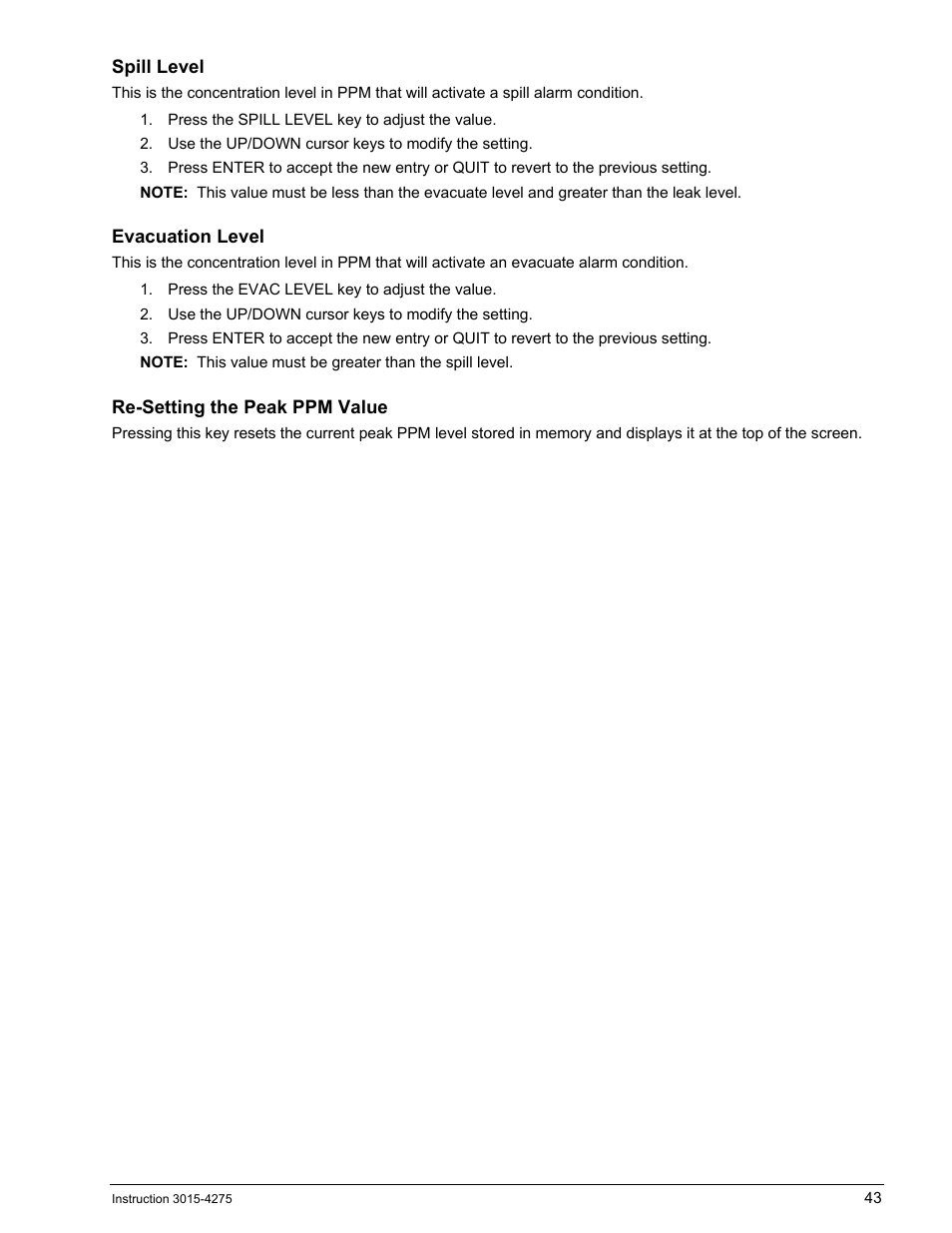 Spill level, Evacuation level, Re-setting the peak ppm value | Bacharach AGM300 User Manual | Page 51 / 94