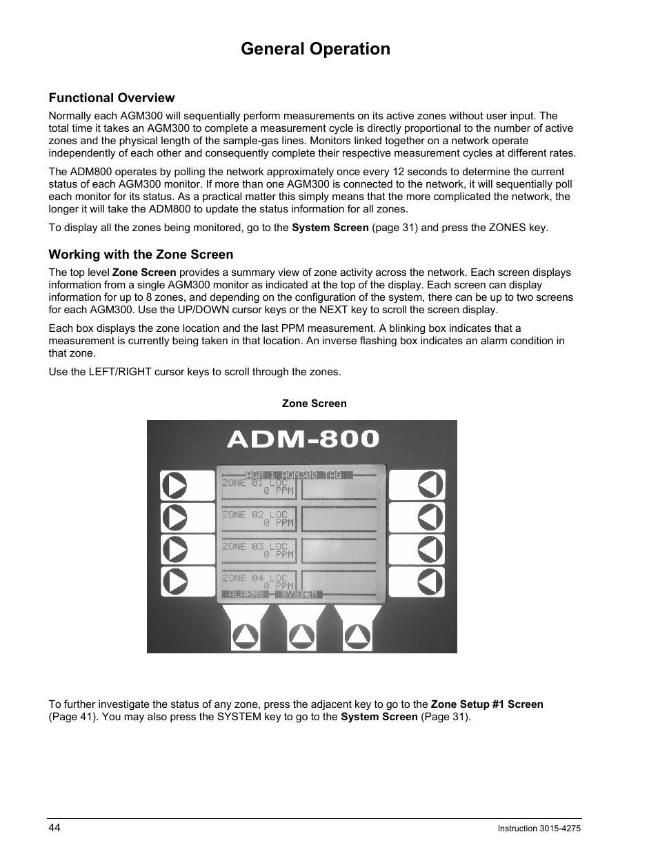 General operation, Functional overview, Working with the zone screen | Eneral, Peration | Bacharach AGM300 User Manual | Page 52 / 94