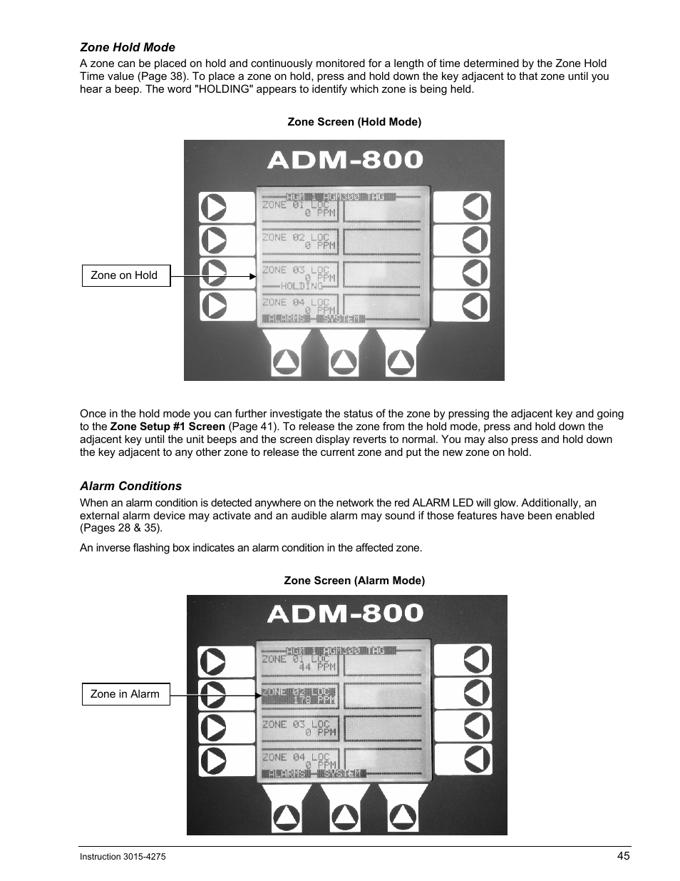 Zone hold mode, Alarm conditions | Bacharach AGM300 User Manual | Page 53 / 94