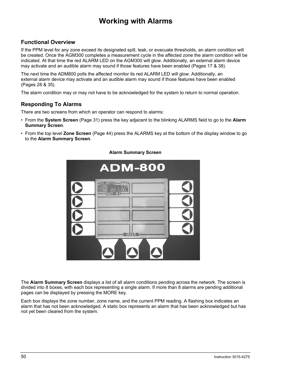 Working with alarms, Functional overview, Responding to alarms | Orking with, Larms, Ge 50). see, 50 to, 50). see, 50 to learn | Bacharach AGM300 User Manual | Page 58 / 94