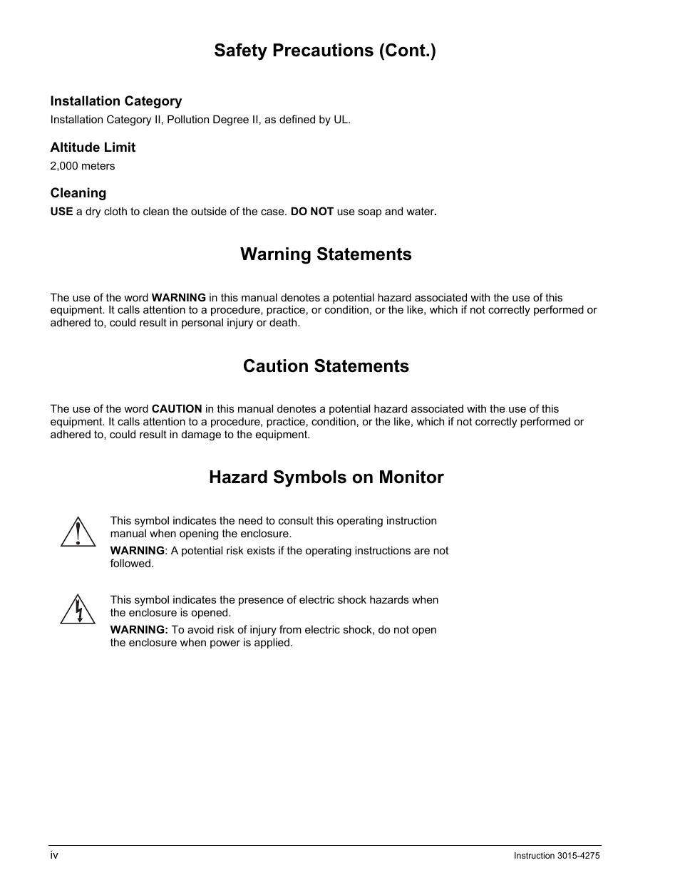 Installation category, Altitude limit, Cleaning | Warning statements, Caution statements, Hazard symbols on monitor, Safety precautions (cont.) | Bacharach AGM300 User Manual | Page 6 / 94