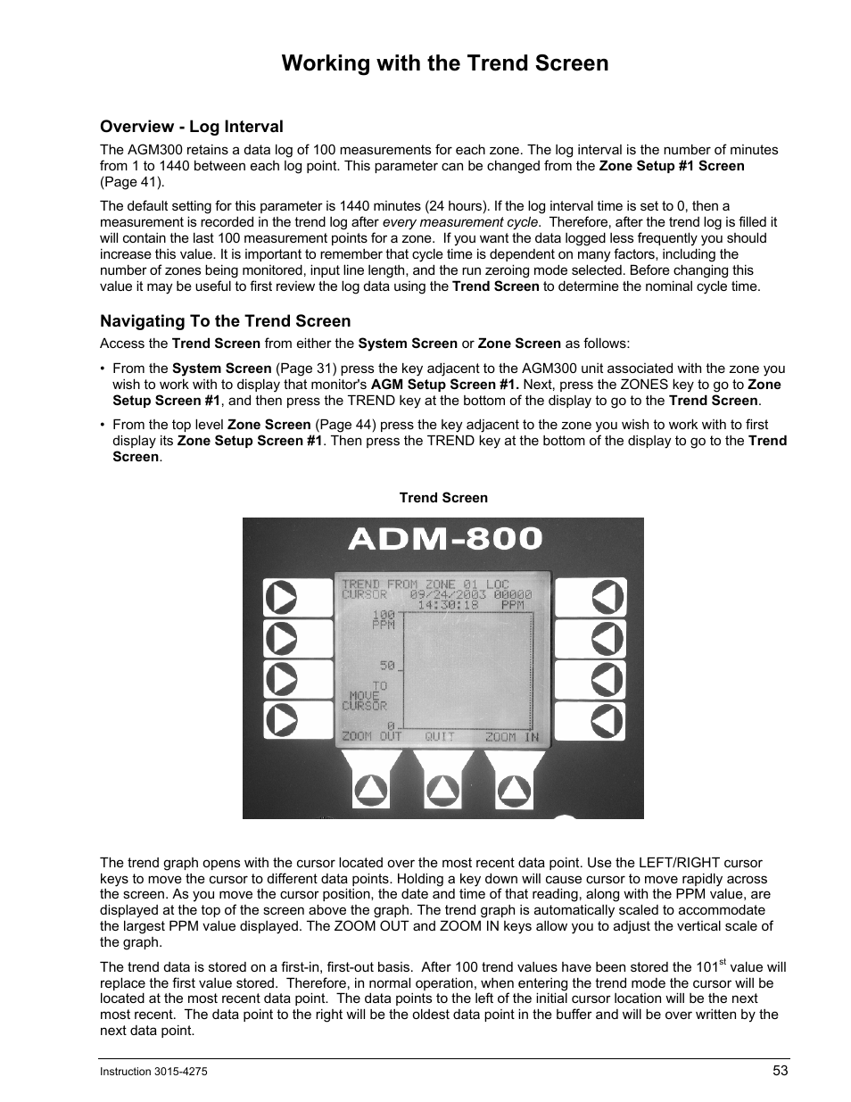 Working with the trend screen, Overview - log interval, Navigating to the trend screen | Orking with the, Rend, Creen | Bacharach AGM300 User Manual | Page 61 / 94