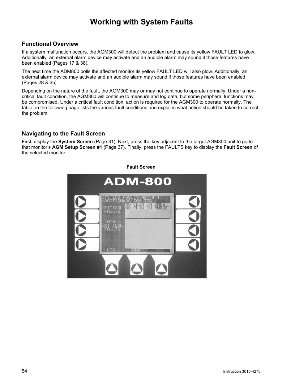 Working with system faults, Functional overview, Navigating to the fault screen | Orking with, Ystem, Aults, 54 to, 54 to learn | Bacharach AGM300 User Manual | Page 62 / 94