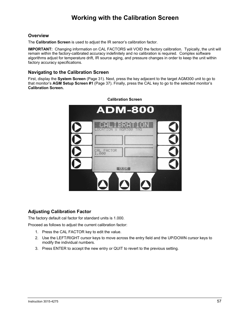 Working with the calibration screen, Overview, Navigating to the calibration screen | Adjusting calibration factor, Orking with the, Alibration, Creen | Bacharach AGM300 User Manual | Page 65 / 94