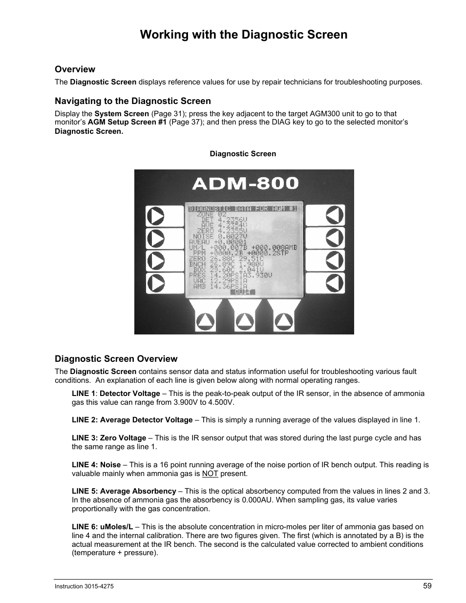 Working with the diagnostic screen, Overview, Navigating to the diagnostic screen | Diagnostic screen overview, Orking with the, Iagnostic, Creen | Bacharach AGM300 User Manual | Page 67 / 94