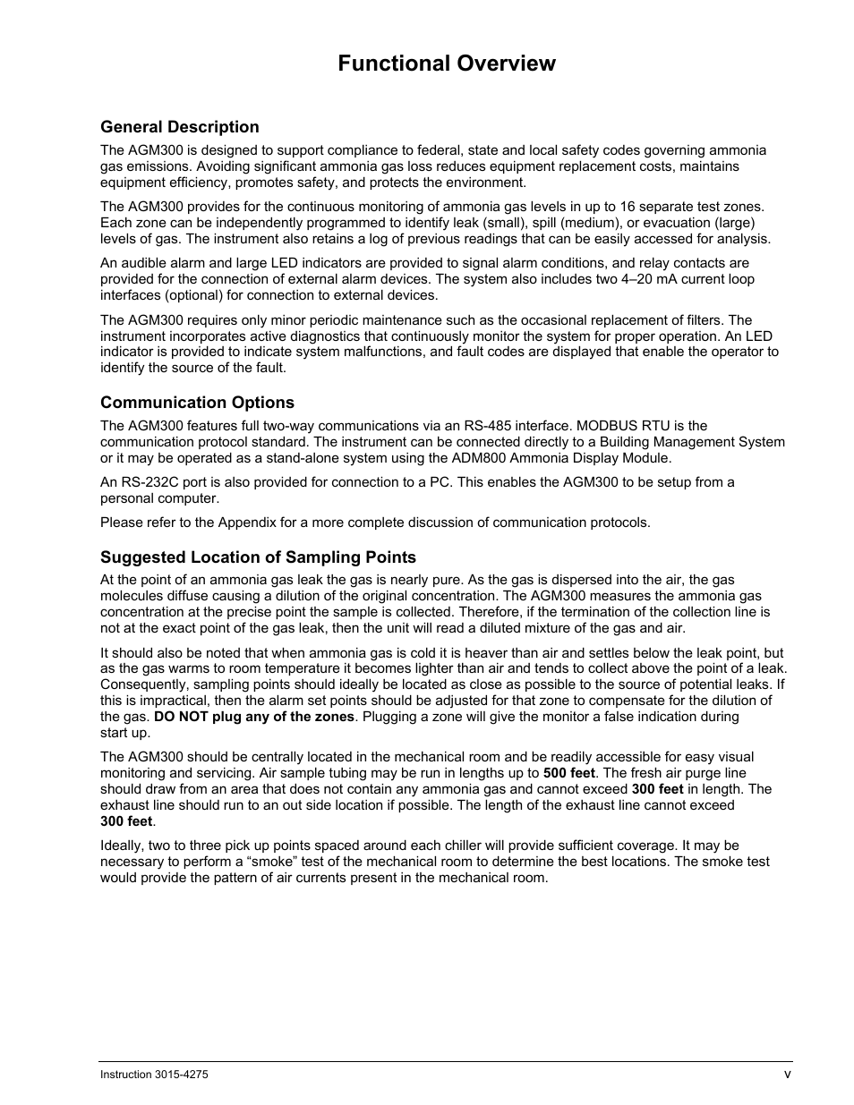 Functional overview, General description, Communication options | Suggested location of sampling points, Unctional, Verview | Bacharach AGM300 User Manual | Page 7 / 94