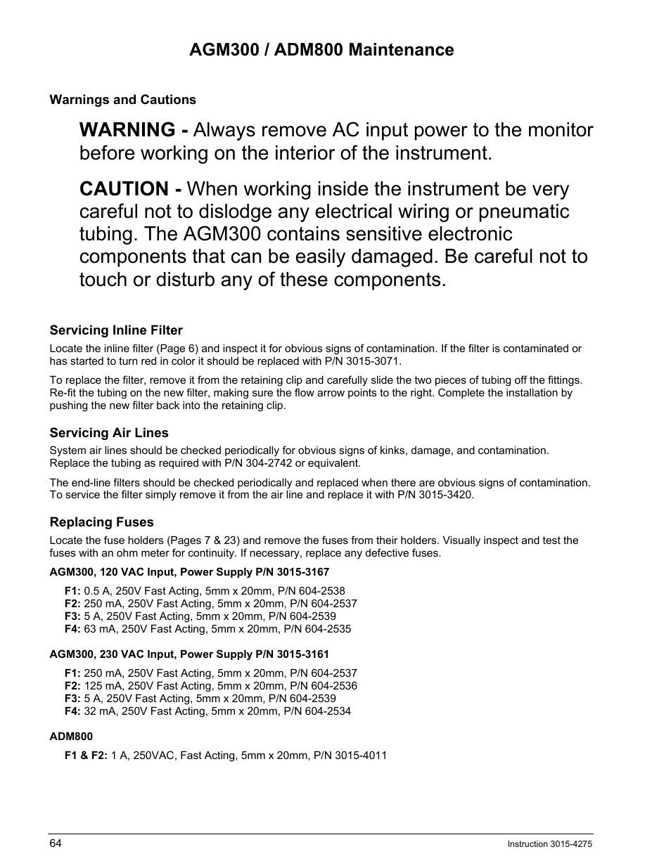 Agm300 / adm800 maintenance, Warnings and cautions, Servicing inline filter | Servicing air lines, Replacing fuses, Agm300, Adm800, Aintenance | Bacharach AGM300 User Manual | Page 72 / 94