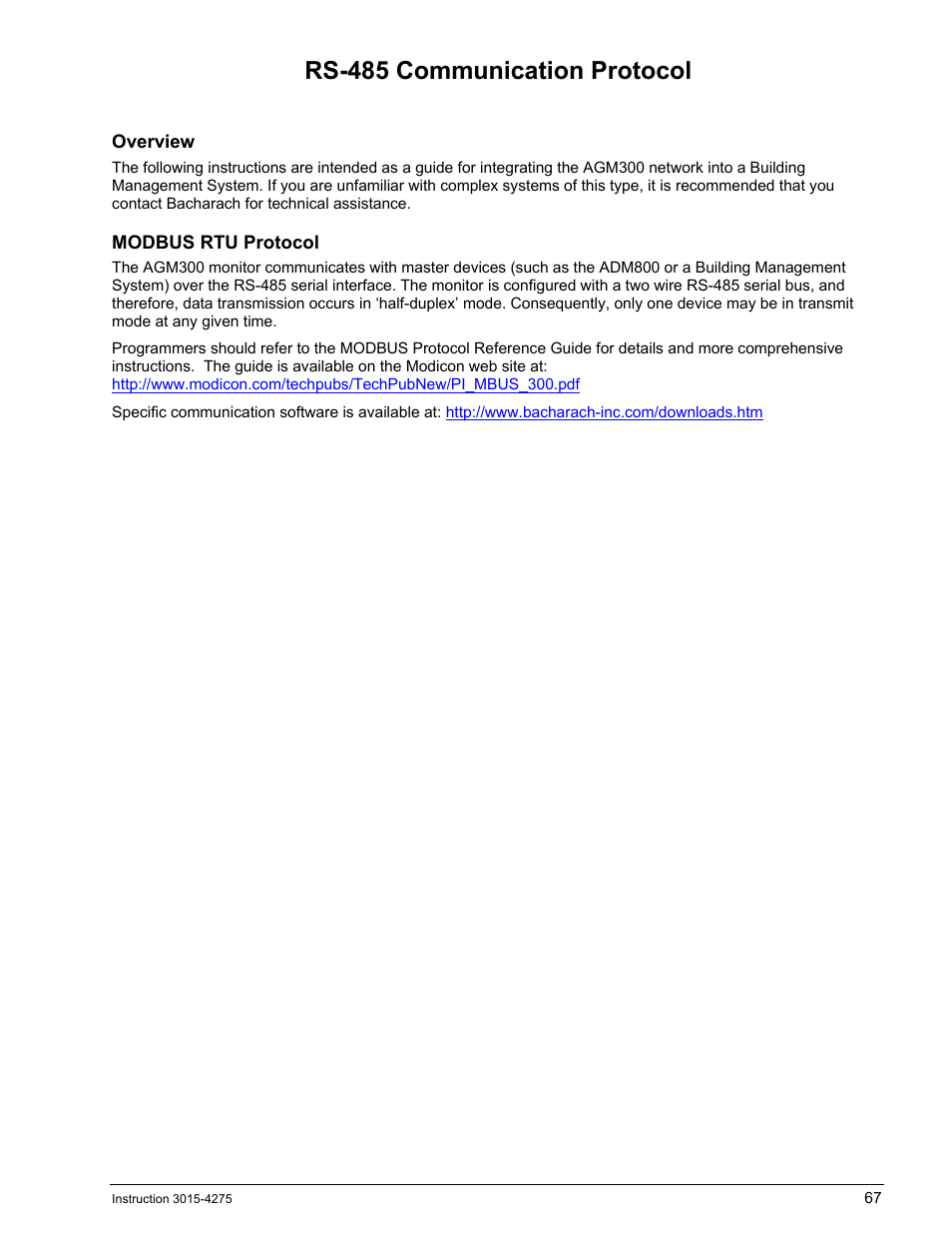 Rs-485 communication protocol, Overview, Modbus rtu protocol | Rs-485, Ommunication, Rotocol | Bacharach AGM300 User Manual | Page 75 / 94