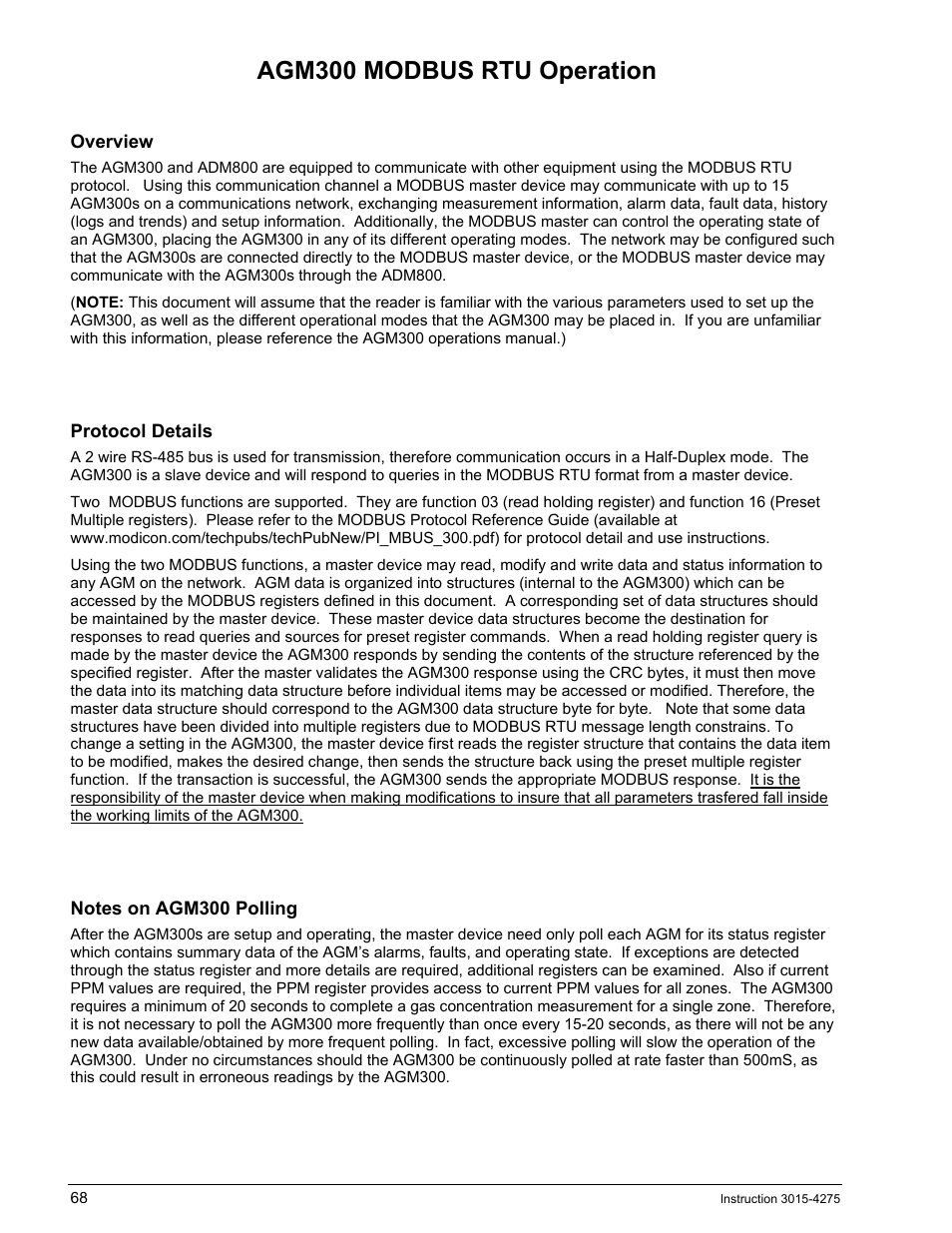 Agm300 modbus rtu operation, Overview, Protocol details | Notes on agm300 polling, Agm300, Modbus, Peration | Bacharach AGM300 User Manual | Page 76 / 94