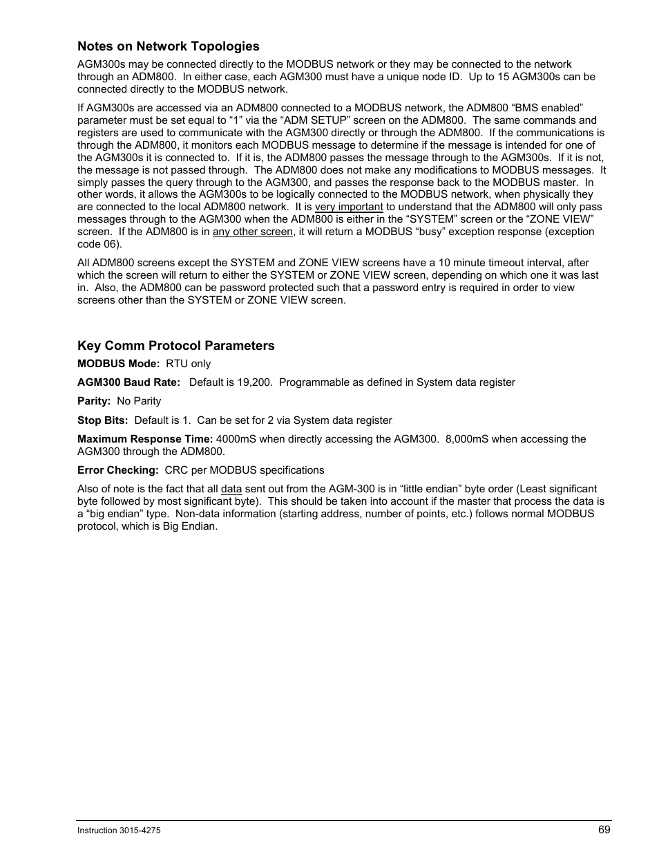 Notes on network topologies, Key comm protocol parameters | Bacharach AGM300 User Manual | Page 77 / 94
