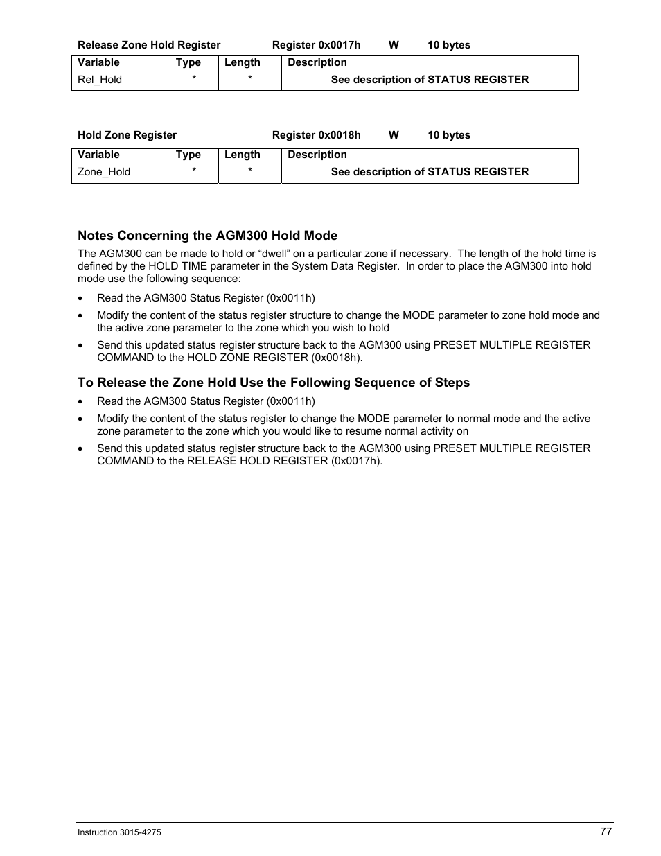 See description of status register, Description, Notes concerning the agm300 hold mode | Bacharach AGM300 User Manual | Page 85 / 94
