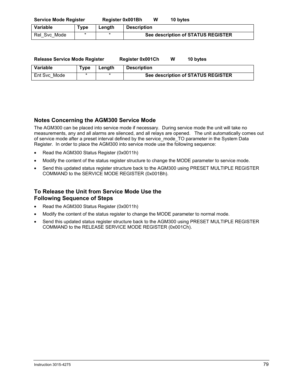 Length, See description of status register, Notes concerning the agm300 service mode | Bacharach AGM300 User Manual | Page 87 / 94