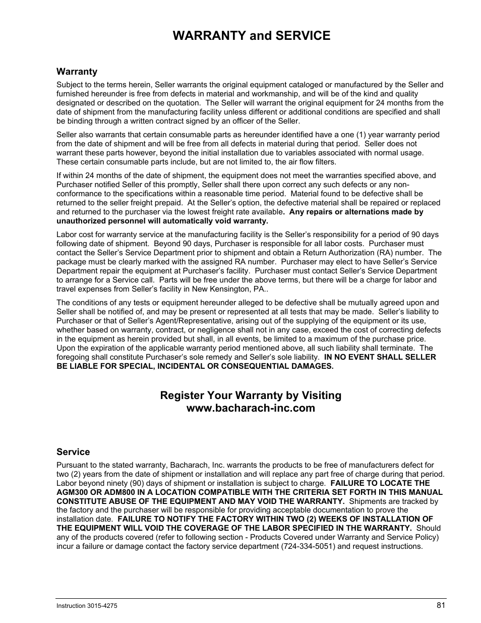 Warranty and service, Warranty, Service | Bacharach AGM300 User Manual | Page 89 / 94