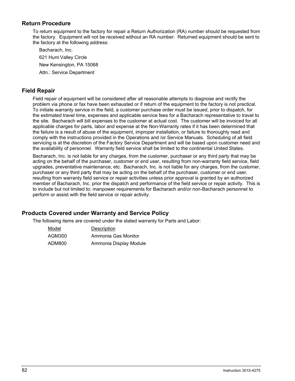 Return procedure, Field repair, Products covered under warranty and service policy | Bacharach AGM300 User Manual | Page 90 / 94