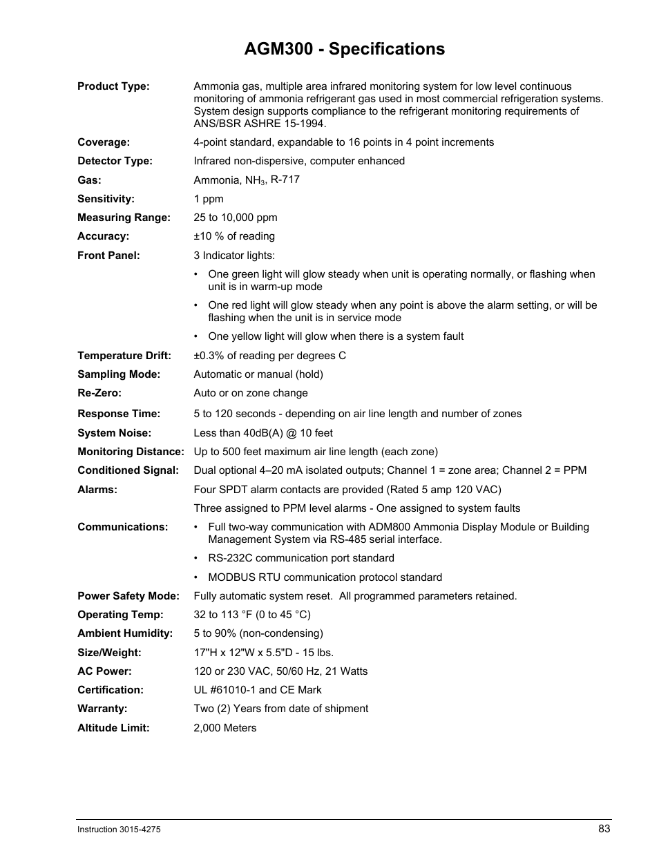 Agm300 - specifications, Agm300, Pecifications | Bacharach AGM300 User Manual | Page 91 / 94