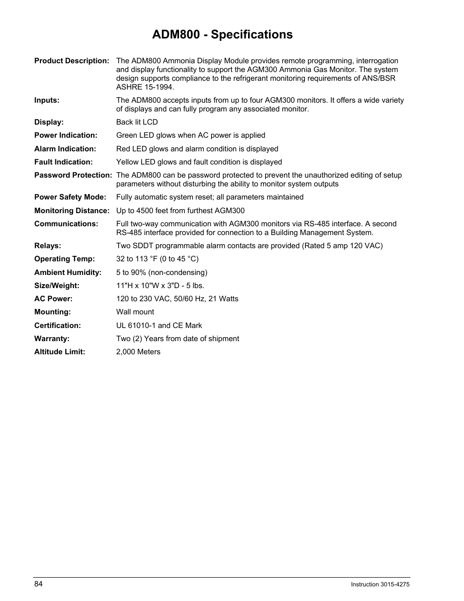 Adm800 - specifications, Adm800, Pecifications | Bacharach AGM300 User Manual | Page 92 / 94