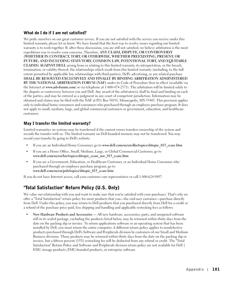 Total satisfaction" return policy (u.s. only) | Dell A960 All In One Personal Printer User Manual | Page 101 / 121