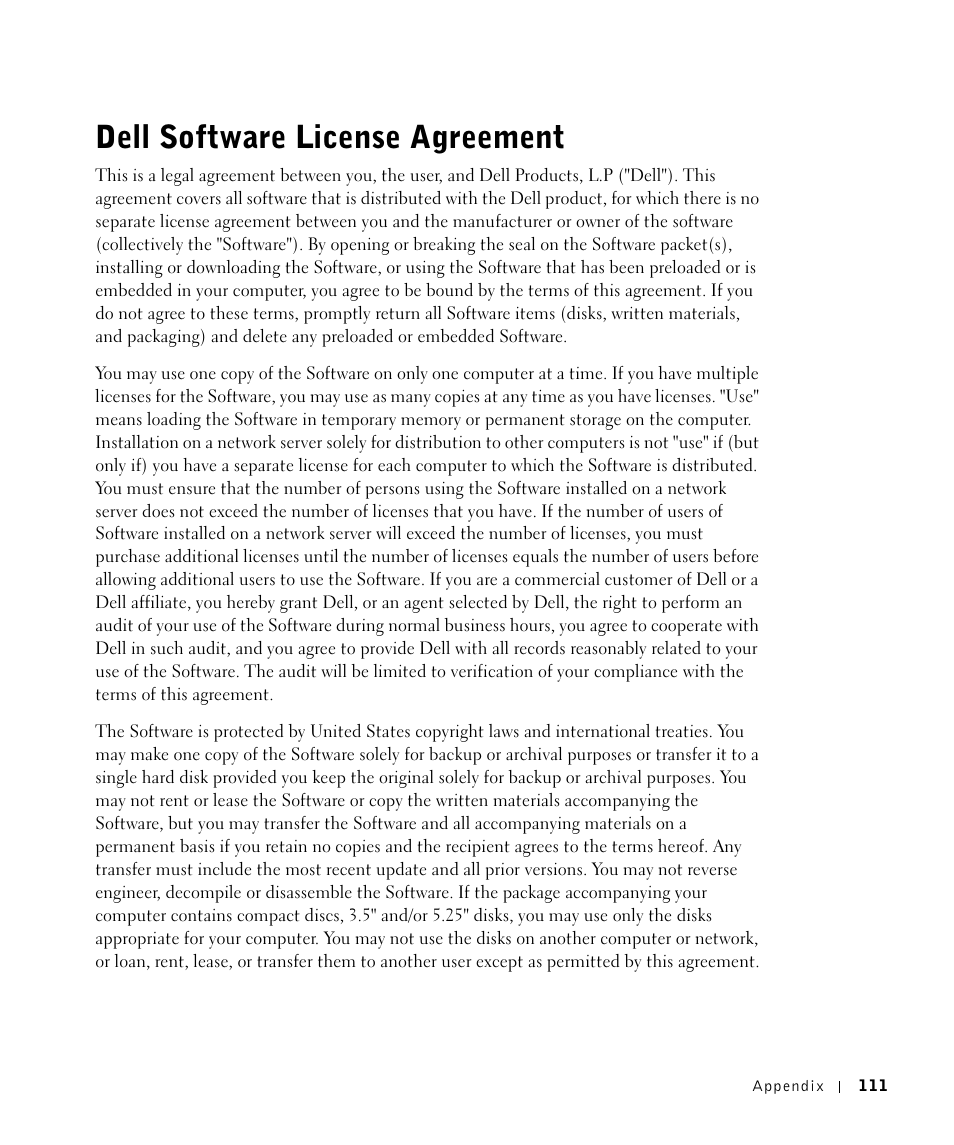 Dell software license agreement | Dell A960 All In One Personal Printer User Manual | Page 111 / 121