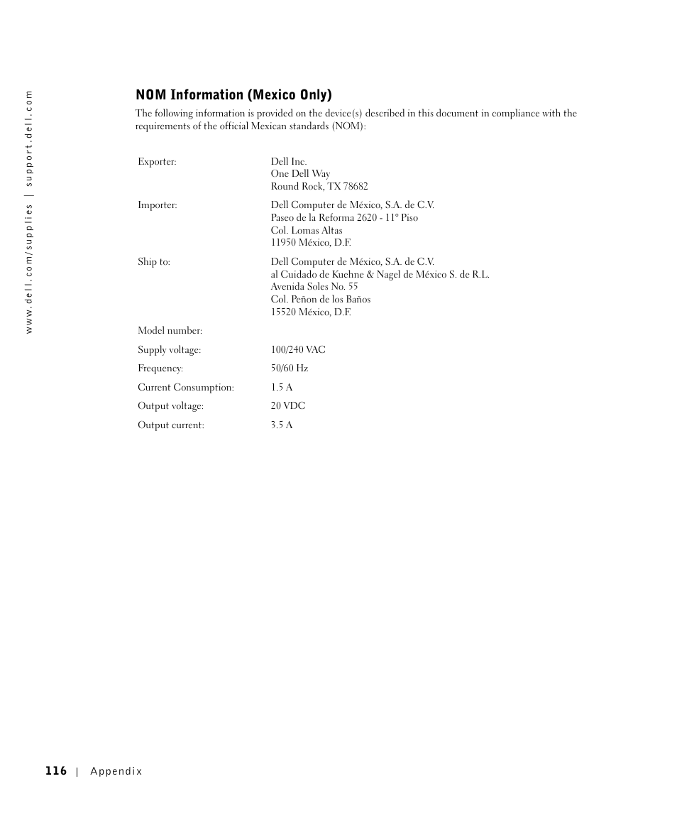 Nom information (mexico only) | Dell A960 All In One Personal Printer User Manual | Page 116 / 121