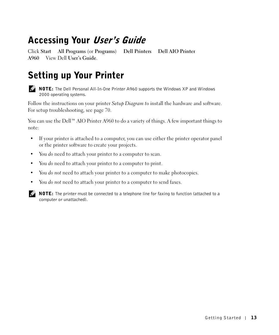 Setting up your printer, Accessing your, Accessing your user’s guide | User’s guide | Dell A960 All In One Personal Printer User Manual | Page 13 / 121