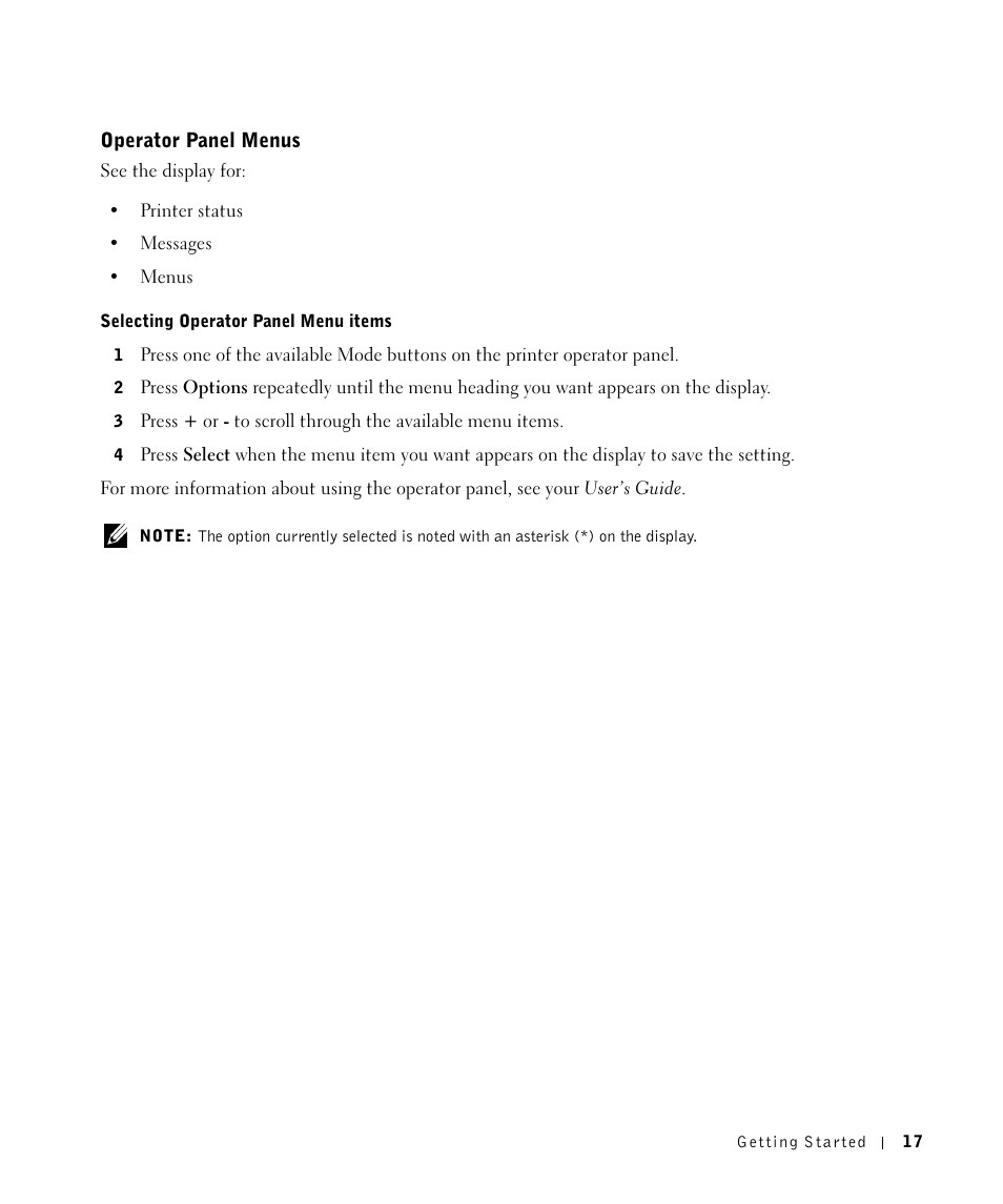 Operator panel menus | Dell A960 All In One Personal Printer User Manual | Page 17 / 121