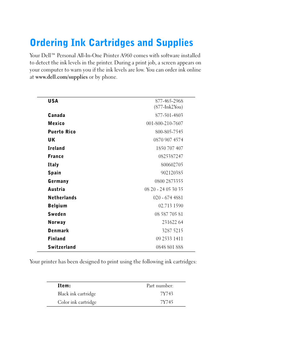 Ordering ink cartridges and supplies | Dell A960 All In One Personal Printer User Manual | Page 2 / 121