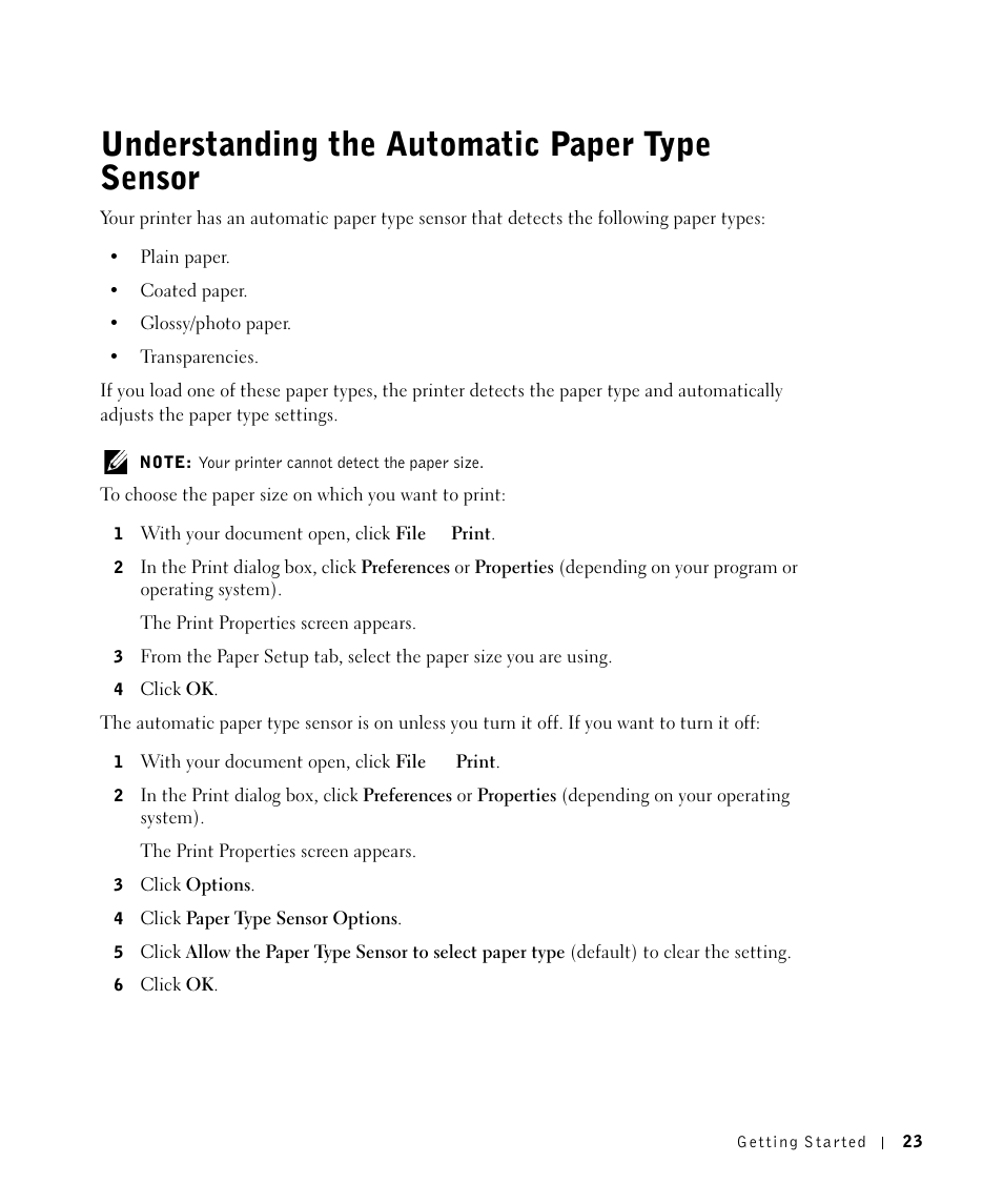 Understanding the automatic paper type sensor | Dell A960 All In One Personal Printer User Manual | Page 23 / 121