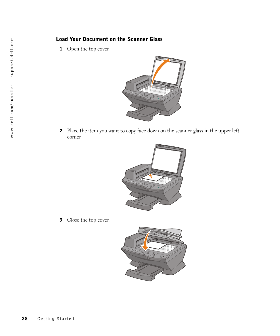 Load your document on the scanner glass | Dell A960 All In One Personal Printer User Manual | Page 28 / 121