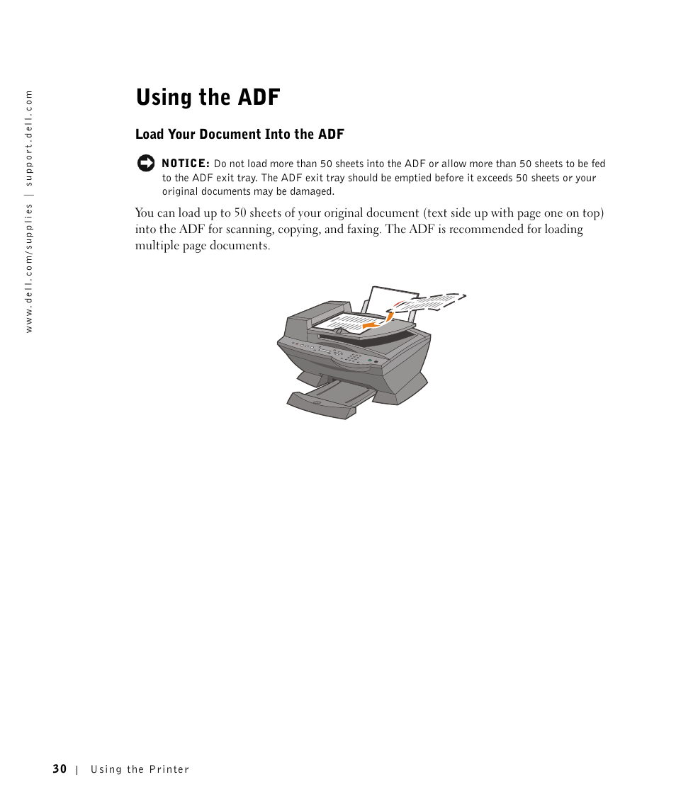 Using the adf, Load your document into the adf | Dell A960 All In One Personal Printer User Manual | Page 30 / 121