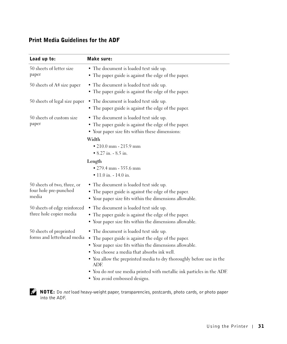 Print media guidelines for the adf | Dell A960 All In One Personal Printer User Manual | Page 31 / 121