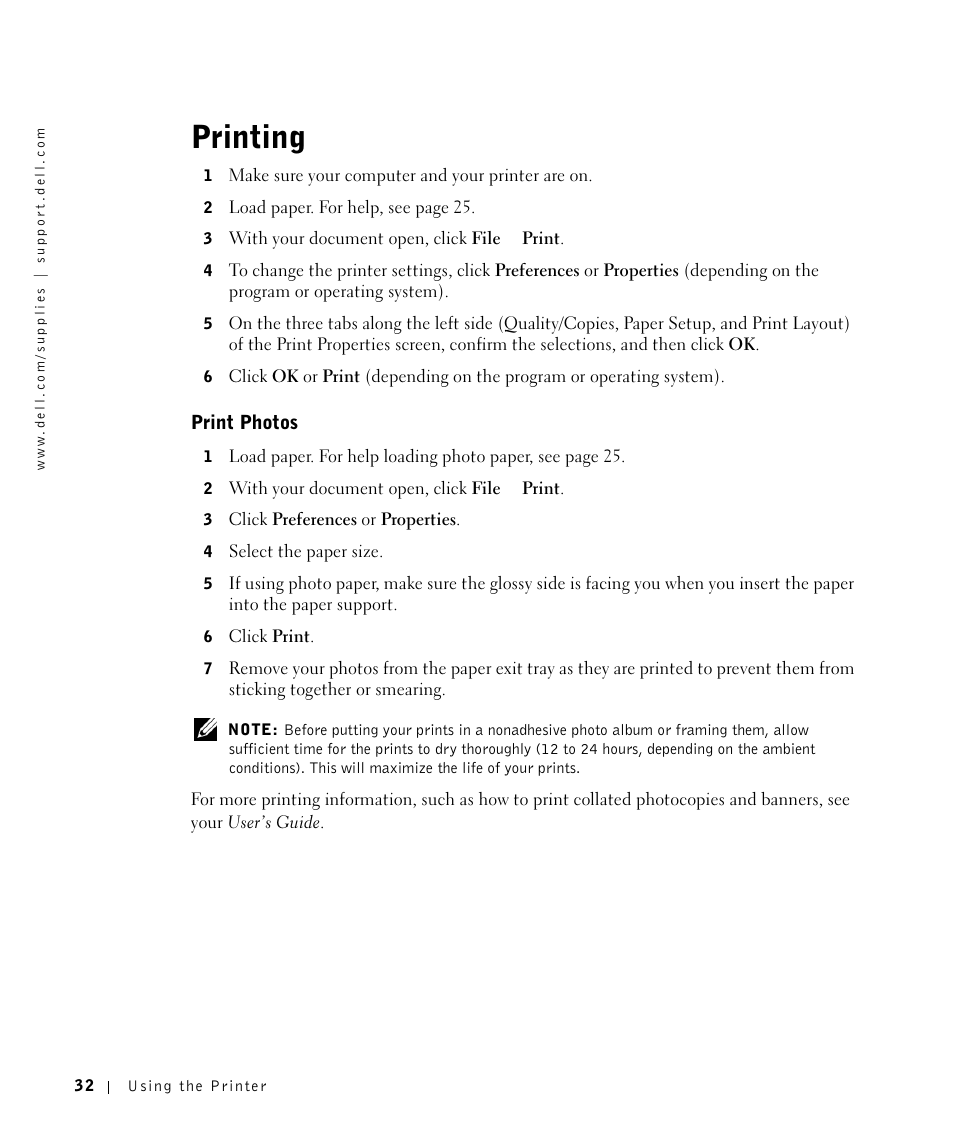Printing, Print photos | Dell A960 All In One Personal Printer User Manual | Page 32 / 121