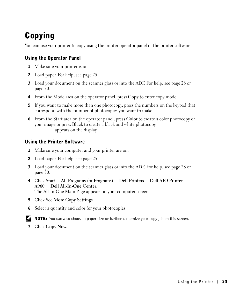 Copying | Dell A960 All In One Personal Printer User Manual | Page 33 / 121