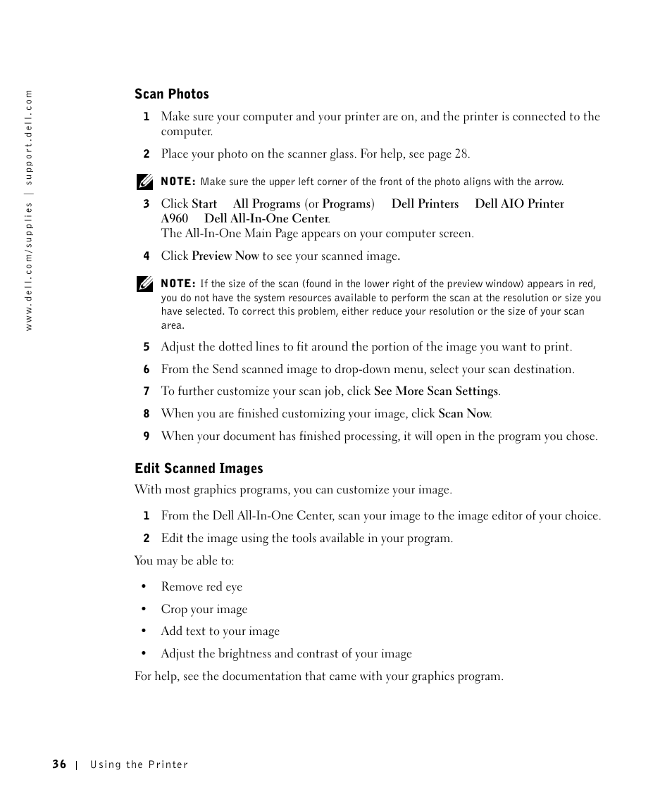 Scan photos, Edit scanned images | Dell A960 All In One Personal Printer User Manual | Page 36 / 121