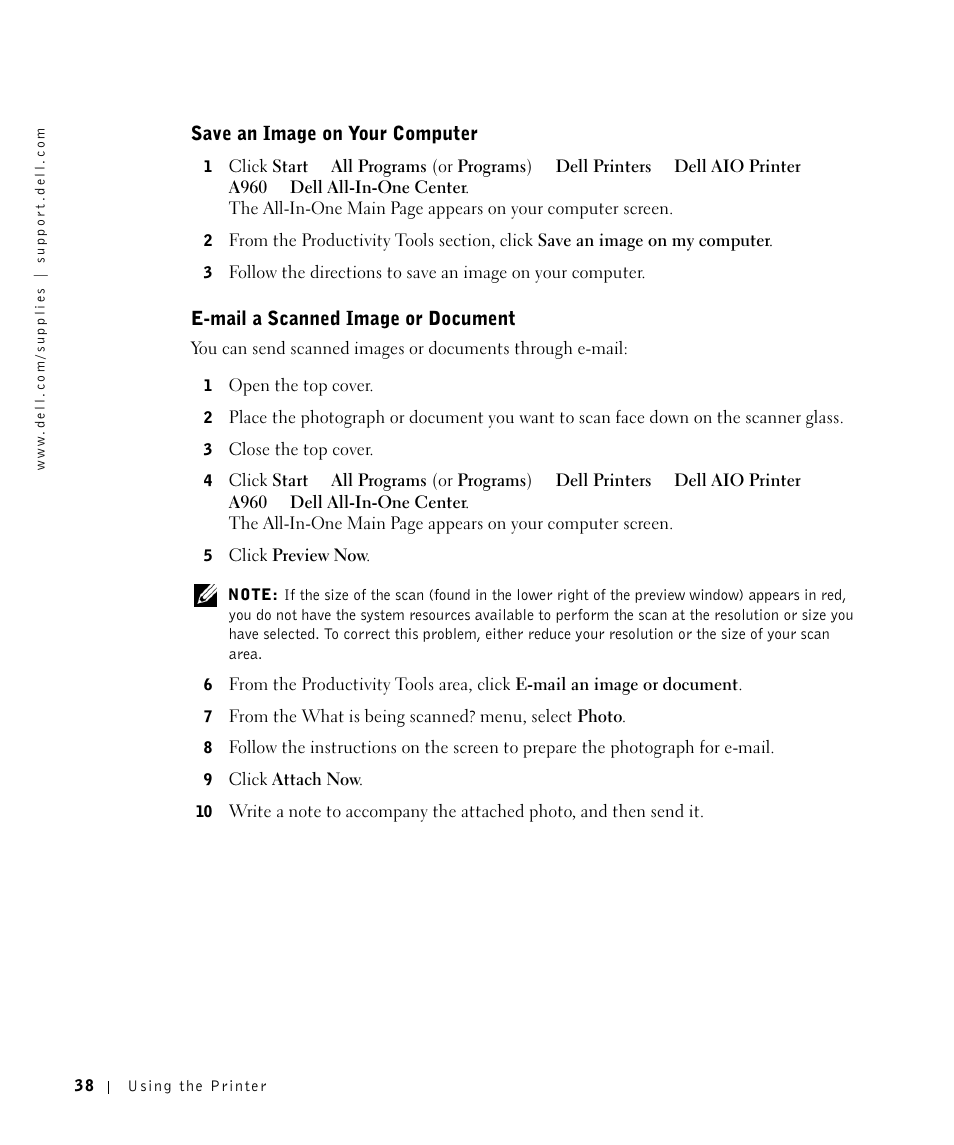 Save an image on your computer, E-mail a scanned image or document | Dell A960 All In One Personal Printer User Manual | Page 38 / 121