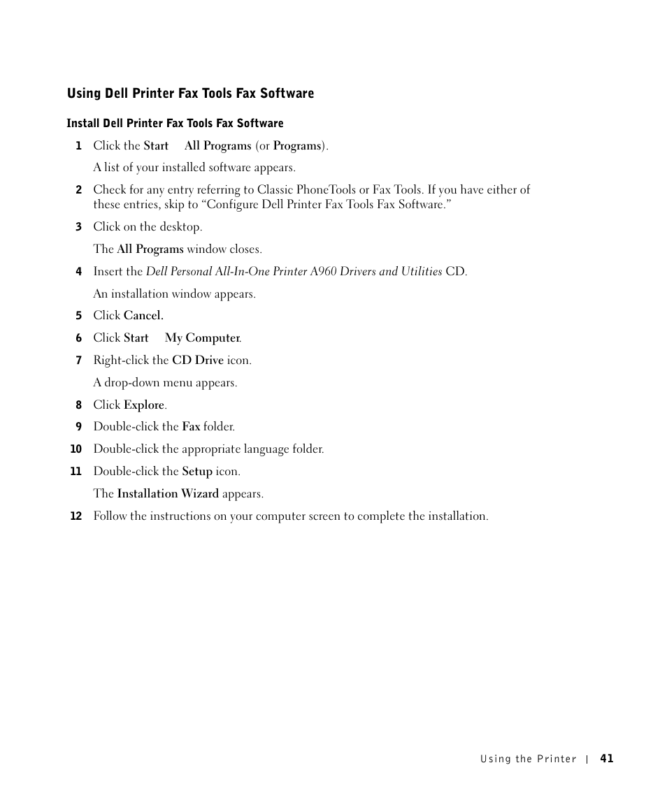 Using dell printer fax tools fax software | Dell A960 All In One Personal Printer User Manual | Page 41 / 121