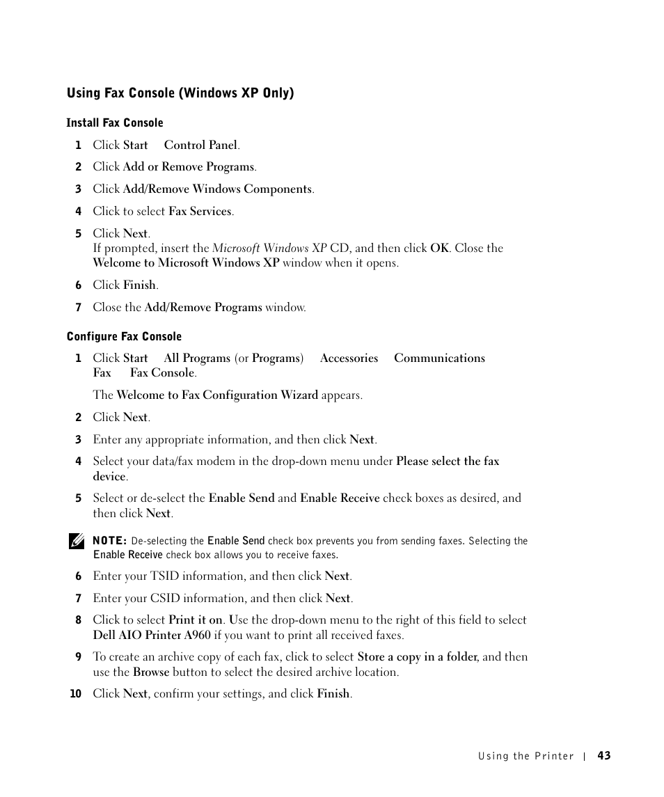 Using fax console (windows xp only) | Dell A960 All In One Personal Printer User Manual | Page 43 / 121