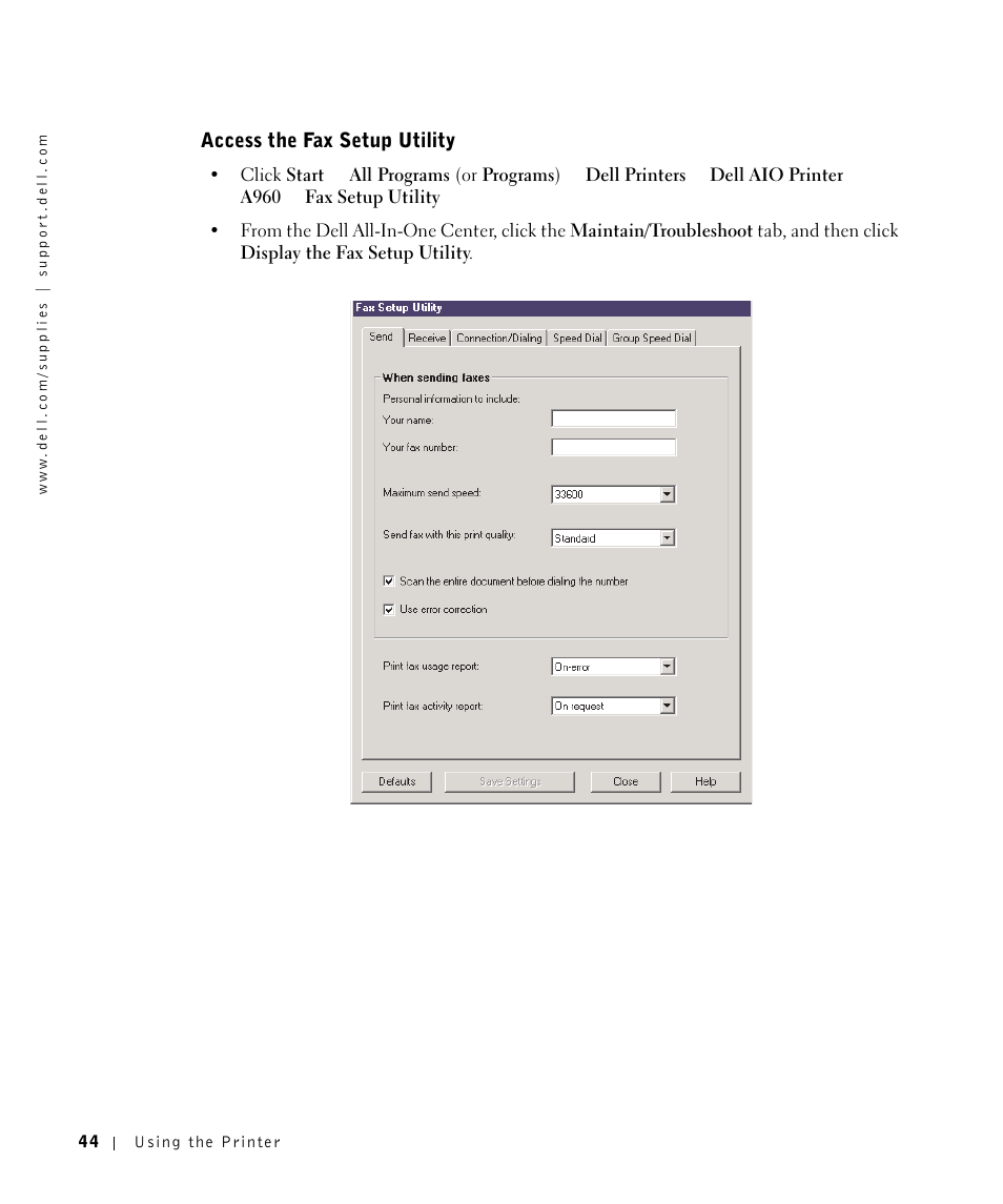 Access the fax setup utility | Dell A960 All In One Personal Printer User Manual | Page 44 / 121