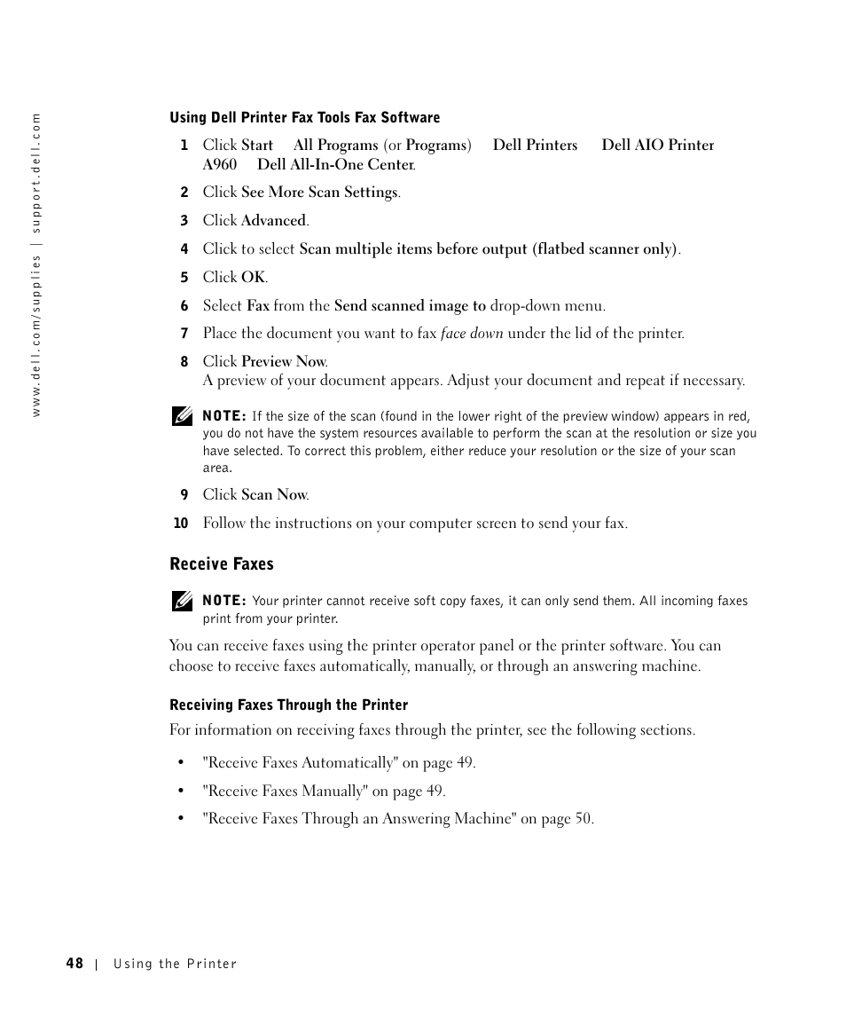 Receive faxes | Dell A960 All In One Personal Printer User Manual | Page 48 / 121
