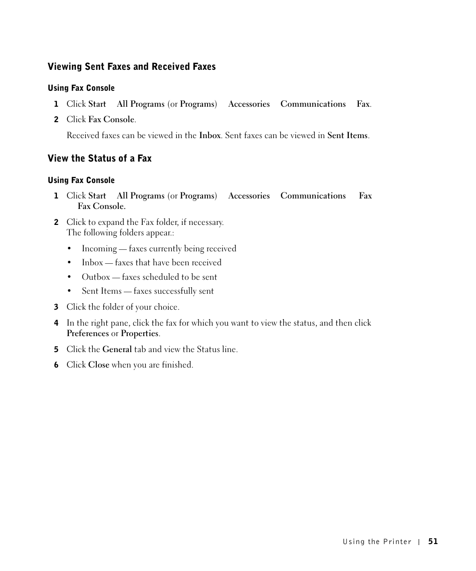 Viewing sent faxes and received faxes, View the status of a fax | Dell A960 All In One Personal Printer User Manual | Page 51 / 121