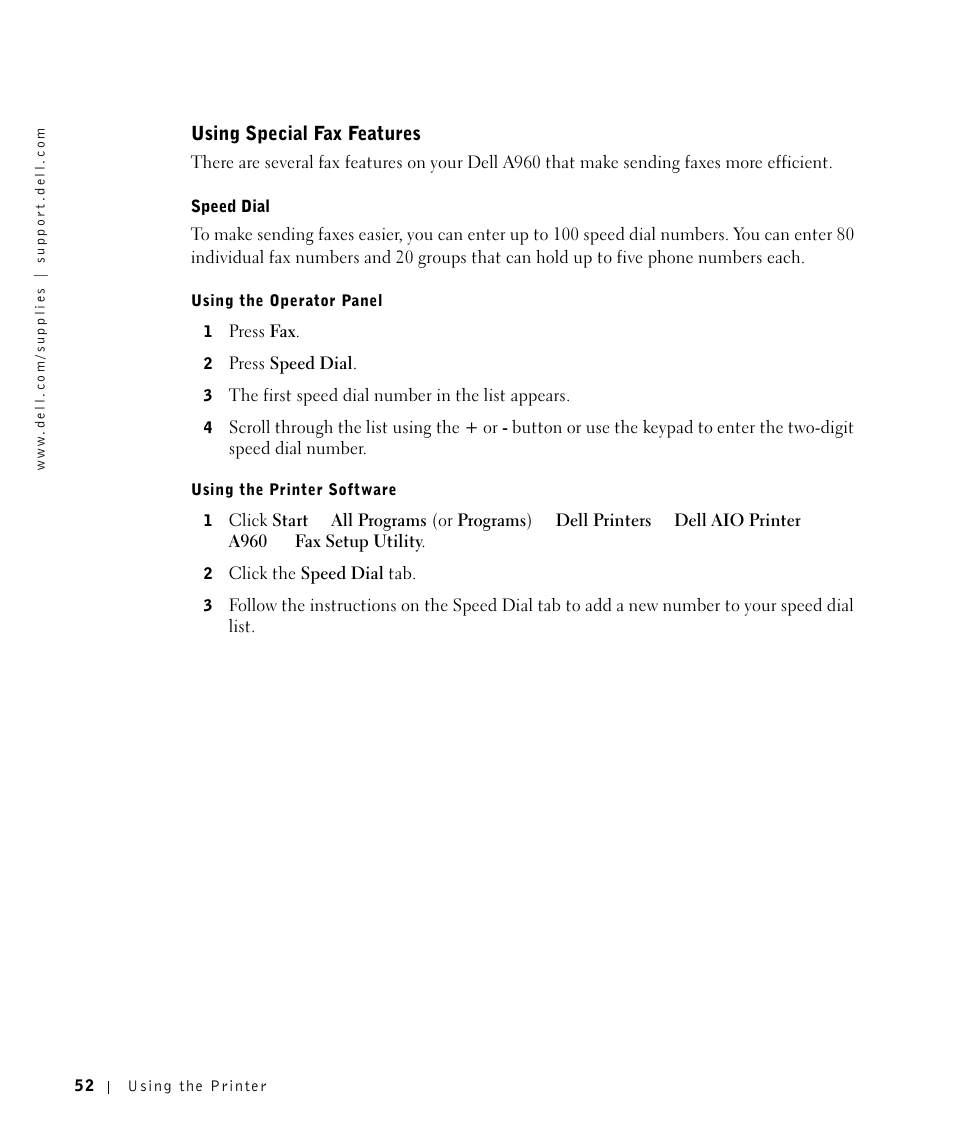 Using special fax features | Dell A960 All In One Personal Printer User Manual | Page 52 / 121