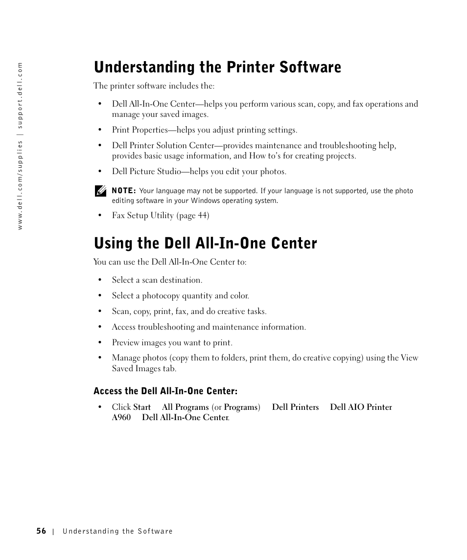 Understanding the printer software, Using the dell all-in-one center, Access the dell all-in-one center | Dell A960 All In One Personal Printer User Manual | Page 56 / 121