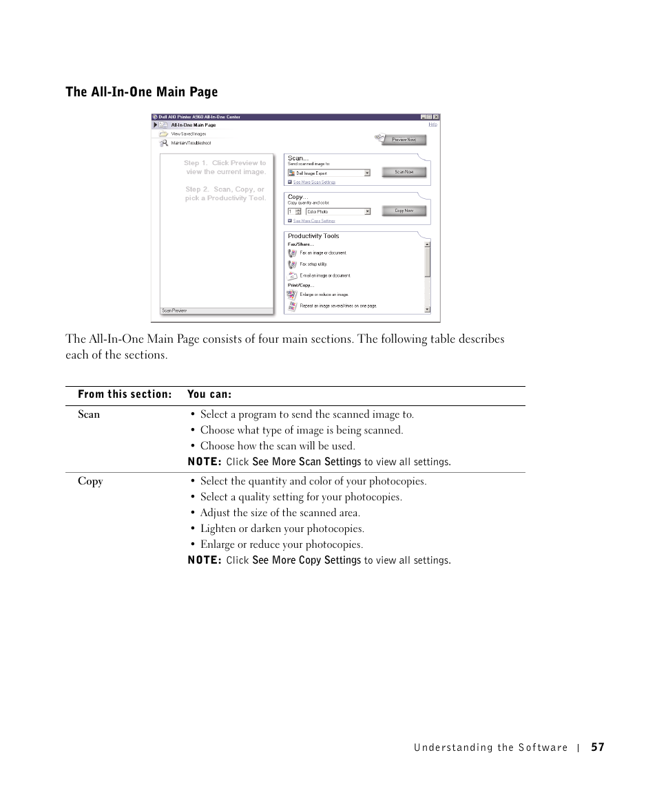The all-in-one main page | Dell A960 All In One Personal Printer User Manual | Page 57 / 121