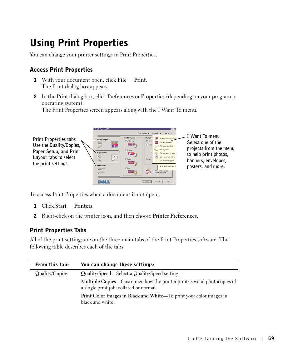 Using print properties, Access print properties, Print properties tabs | Dell A960 All In One Personal Printer User Manual | Page 59 / 121