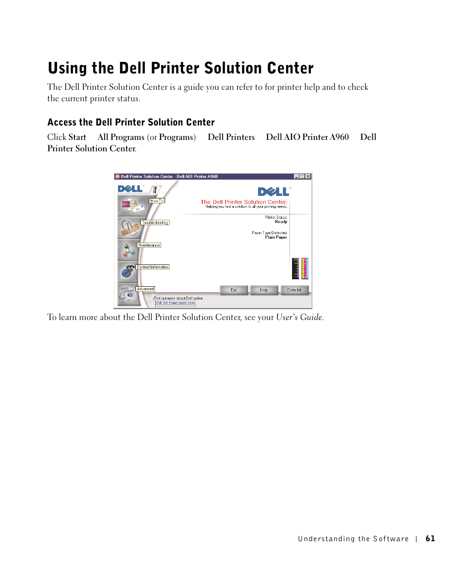 Using the dell printer solution center, Access the dell printer solution center | Dell A960 All In One Personal Printer User Manual | Page 61 / 121