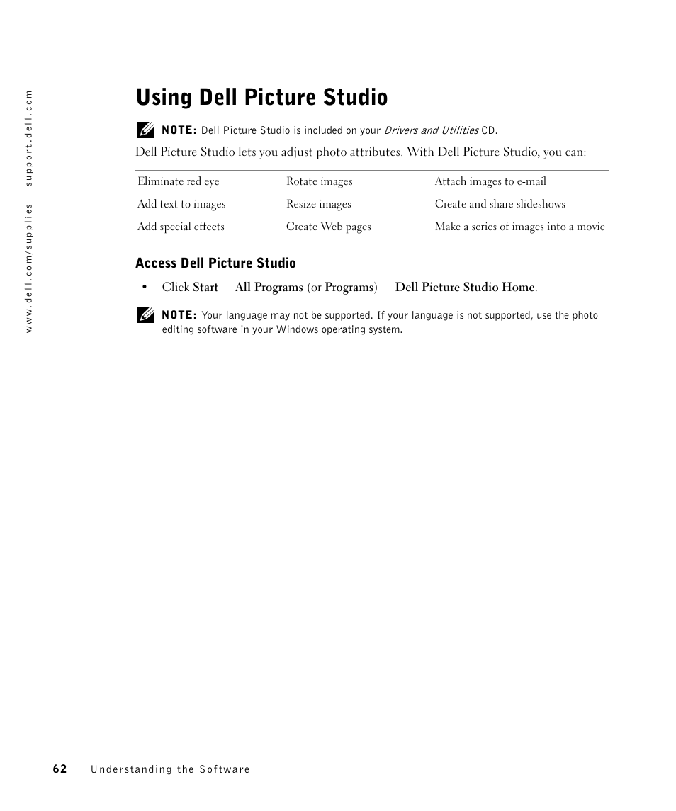 Using dell picture studio, Access dell picture studio | Dell A960 All In One Personal Printer User Manual | Page 62 / 121