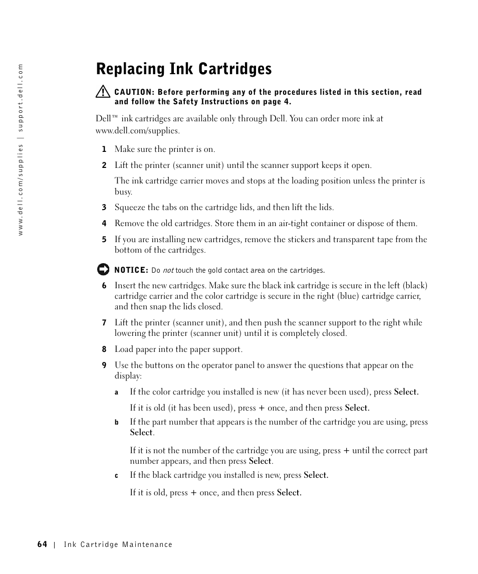 Replacing ink cartridges | Dell A960 All In One Personal Printer User Manual | Page 64 / 121