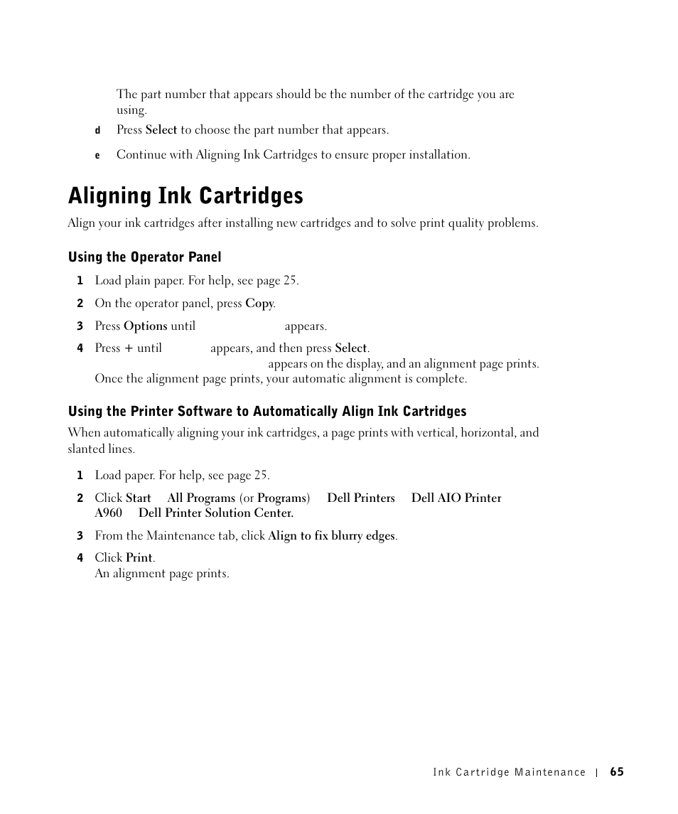 Aligning ink cartridges | Dell A960 All In One Personal Printer User Manual | Page 65 / 121