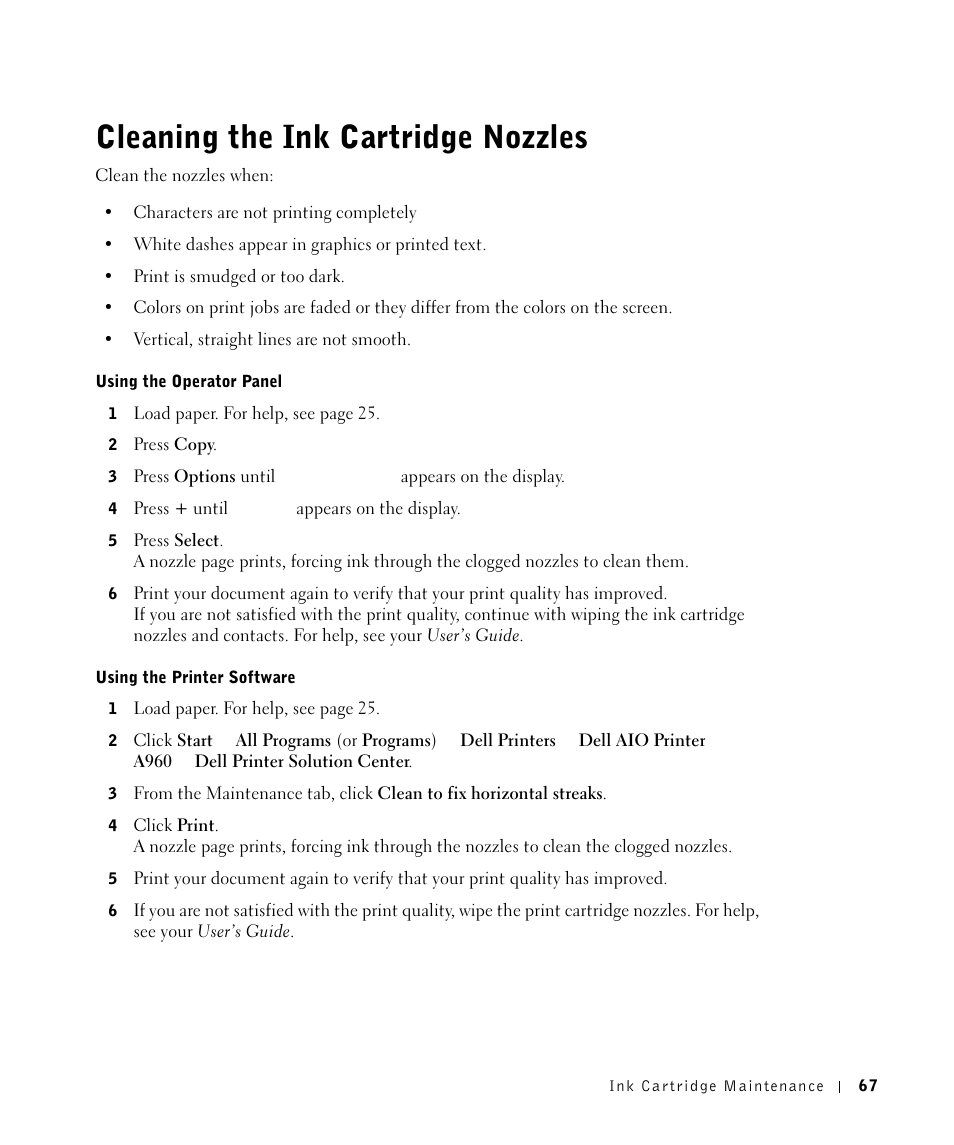 Cleaning the ink cartridge nozzles | Dell A960 All In One Personal Printer User Manual | Page 67 / 121